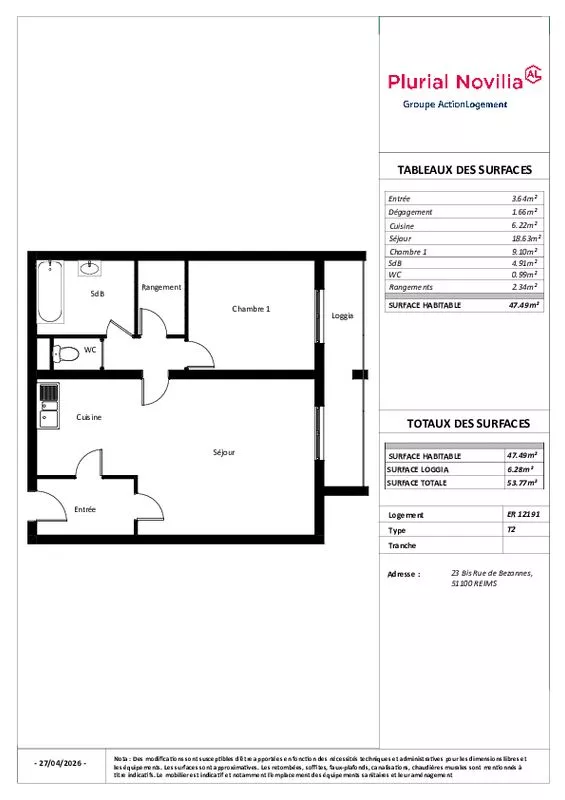 Achat appartement T2  47.00m²  à Reims  (51100)  - ER.12191 - Galerie 6 - Ouvrir l'image en pleine taille